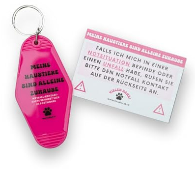 Generisch Schlüsselanhänger „Meine Haustiere sind alleine zuhause“ Pink – inkl. Notfallkarte