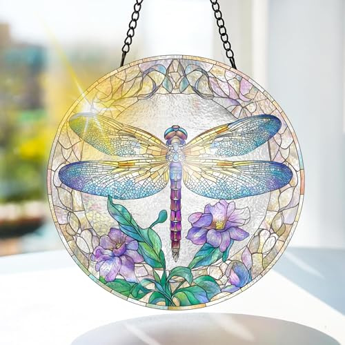 Bimkole Libelle Buntglas Sonnenfänger Fensterschmuck hängend - Blume Fensterdeko Hängend - für Garten, Fenster und Tür, Weihnachten, Handgefertigter Sonnenfänger Dekor 20x20 cm
