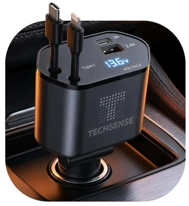 TECH SENSE Retractable Car Phone Charger, 120W 4 in 1 USB C Fast Car Charger, Retractable Cable and USB Type C Ports Car Charger Adapter for iPhone 17/16/15, Galaxy S25/24, iPad, Android