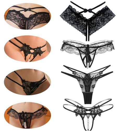 VicSec Lot de 4 Strings Ouvert pour Femmes Taille Basse Dentelle Sous-Vêtements Sexy Dessous Set Tanga Découvert Érotique G-String Slip V-String Culotte Lingerie Femme Noir