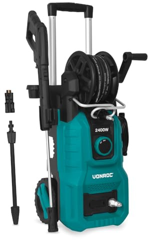 VONROC Idropulitrice V24-1 2400W 180 Bar – Avvolgitubo Integrato | Tubo Alta Pressione 10 m, Pompa in Alluminio, Start/Stop Automatico, Set Accessori Completo