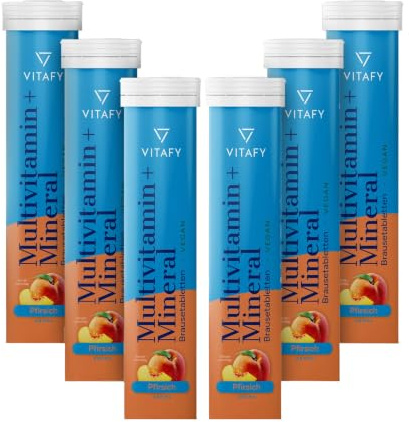 VITAFY Brausetabletten Multivitamin + Mineralien – 6 x 20 Tabletten | mit Vitamin C, D, B-Komplex & Zink, Eisen, Calcium, Magnesium – Pfirsich – schnell löslich & vegan –