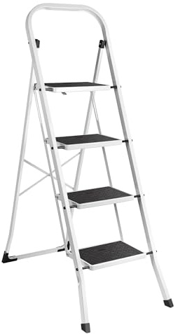VonHaus Step Ladder – Premium Quality Folding Step Ladder for DIY and Gardening - Durable Steel Step Ladder - Easy to Store Step Ladders, 150KG Max Capacity (White, 4 step)