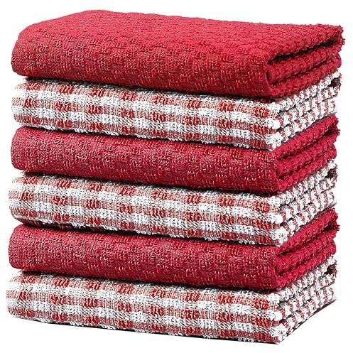Olivia Rocco 100% Cotton Ascot Check Terry Tea Towels for Kitchen Pack of 6 Super Absorbent Dish Cloth Towel for Drying & Cleaning Household Essentials, Red- 6 PK
