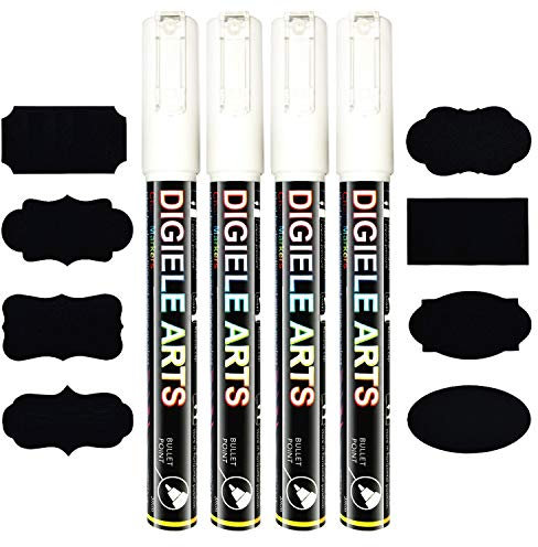 DIGIELE Rotuladores Liquida de Tiza Blanco, Punta Reversible de Bala o Cincel de 3mm, Borrado con Seco y Paño Húmedo, Pack de 4 Rotulador Blanco y 16 Piezas de Etiquetas Reutilizables y Adhesivas