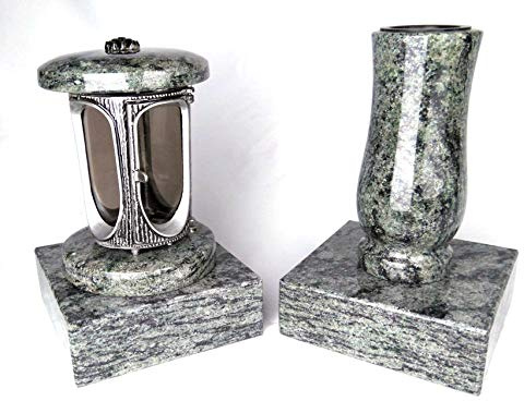 designgrab Alu Grablampe aus Aluminium in Antikoptik und Grabvase und 2 Stück Sockel eckig in Granit Olive gren grün