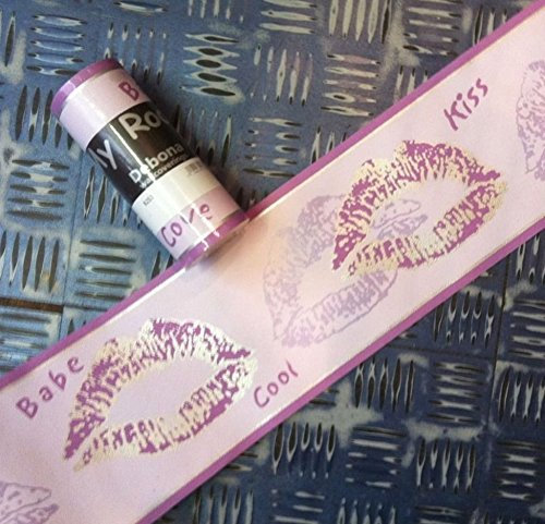DEBONA Purple Lips Kiss Wallpaper Border Silver Lilac Metallic Finish