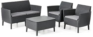 Keter Salemo Lounge Set, Set Mobili da Giardino in Rattan con Divano 2 Posti 2 Poltrone e Tavolino Porta Cuscini, Grafite