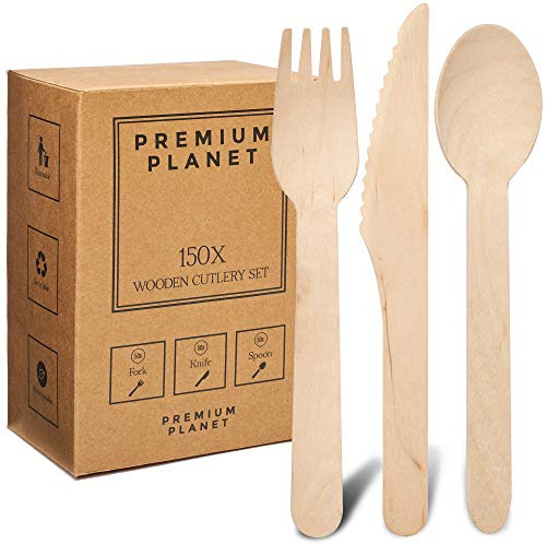 Premium Planet Large Eco-Friendly 150x Wooden Cutlery Set | Storage Box | 50x Forks 50x Knives 50x Spoons | Sturdy Biodegradable Disposable Cutlery