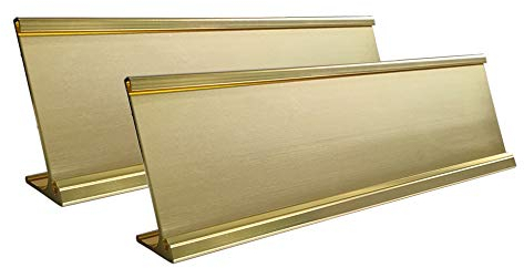Soporte de aluminio para placa de nombre de escritorio de 2 x 8 pulgadas, soporte para letreros de escritorio de oficina, negocios, escritorio, paquete de 2 (oro amarillo)