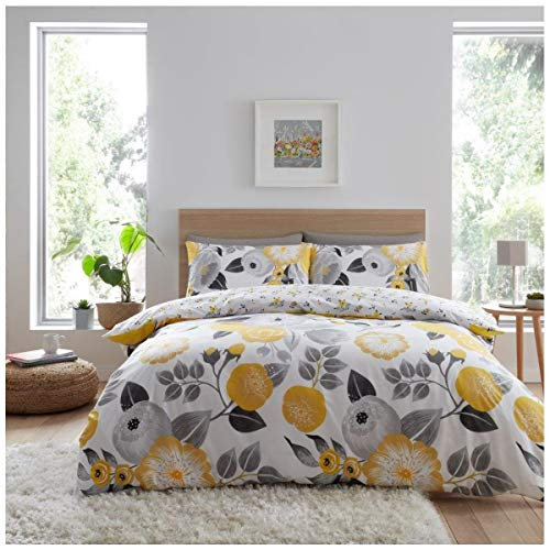 GC GAVENO CAVAILIA Printed Duvet Cover Sets, Reversible Bedding Bed Set, Polycotton Quilt Covers, Neve Yellow, Double