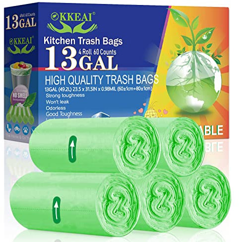 OKKEAI Bin Liners 50L Heavy Duty Refuse Sacks Larger Plastic Waste Bags for Kitchen,60 Counts,Green