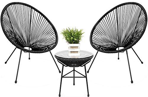 Best Choice Products 3-Piece Outdoor Acapulco All-Weather Patio Conversation Bistro Set w/Plastic Rope, Glass Top Table and 2 Chairs - Black