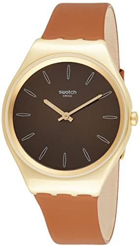 Swatch Damen Analog Schweizer Quarz Uhr mit Echtes Leder Armband SYXG104