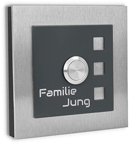 Jung-Edelstahl-Design Aufputz Edelstahl Türklingel Manhattan12AG Klingelschild 10x10 cm. Klingel kabelgebunden mit Gravur. Aufputztürklingel mit LED Klingeltaster aus Edelstahl für Ihre Haustür.