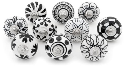 ETHNICITI 10 x Round Black & White Handmade Ceramic Door Knobs Cupboards Drawers Cabinets Wardrobe Assorted Vintage Shabby Chic Kitchen Bedroom Living Room Furniture Dressers Pulls Handles Home Decor