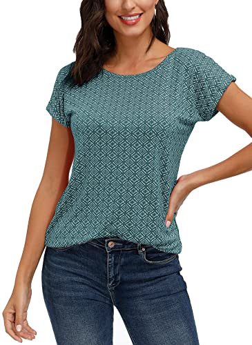TrendiMax Damen T-Shirt Kurzarm Sommer Shirt mit Allover-Minimal Print Stretch Oberteile Bluse Tops Basic Tee, Grün, S