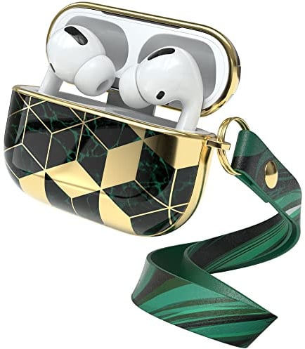 EAZY CASE - Schutzhülle für AirPods Pro Hülle Grün Hard Case Stoßfest mit Karabiner geeignet als Schlüsselanhänger Antikratz Etui rutschfest Hardcase für Airpod Pro 1. Generation in Gold Grün Marmor