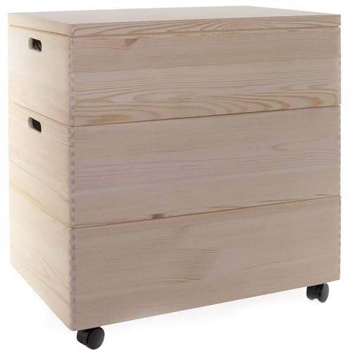 Holzfee Holzkiste TRIO GR Stapelkisten Set 59 x 40 x 60/66 cm 1 Kiste mit Deckel XL Aufbewahrungsbox (mit Rollen)