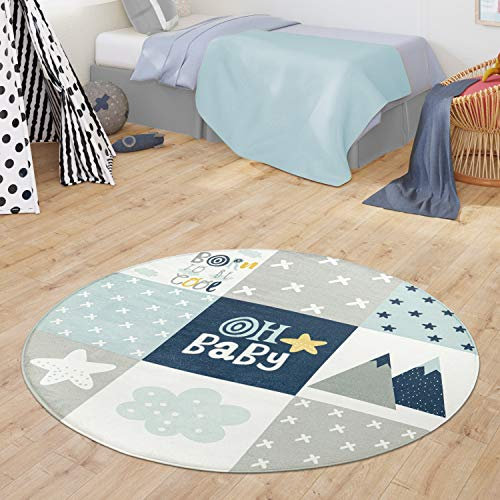TT Home Teppich Kinderzimmer Kinderteppich Spielmatte Babymatte Modern Jungs Mädchen, Farbe: Blau, Größe:150 cm Rund