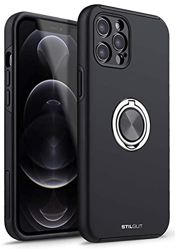 STILGUT Case kompatibel mit iPhone 12 Pro Max (6.7“) Handyhülle mit Fingerhalter & Ring-Ständer, Hülle mit 360 Grad drehbarer Smartphone Fingerhalterung/Ringhalter - Schwarz