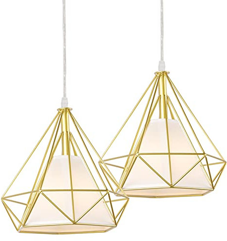 STOEX Lustre Suspension industrielle 25cm forme Diamant, Lampe de Plafond Abat-Jour Corde ajustable (2pcs Doré)