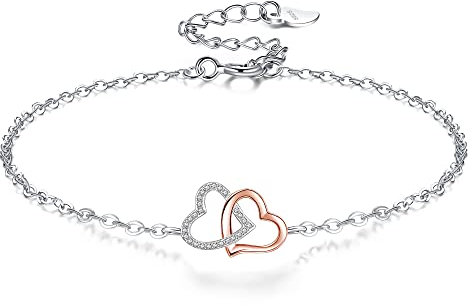 VANSZA Damen Armband 925 Sterling Silber Herz Armbänder Geschenk für Frauen Mädchen mit Schmuck kästchen (Silber und Roségold)
