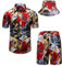 fohemr Herren barock 2-Teiliges Outfit Golden Chain Muster Rot Hemd shorts mit Eimerhut Freizeitanzug Sommer Urlaub Strand set XX-Large