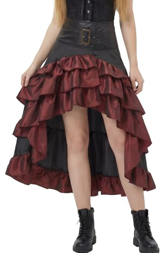 SEAUR Damen Renaissance Rock Rot Mittelalter Gothic Rock Steampunk Lang Rock Hohe Taille Vintage Viktorianischer Rock High-Low Saum Halloween Karneval Fasching Cosplay Kostüm - 3XL