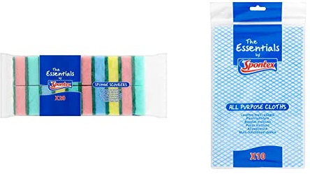 Spontex Essentials Sponge Scourer - 6 Pack of 20, Total 120 Sponge Scourers & Essentials All Purpose Cleaning Cloths - 12 packs of 10 (Total 120 Cloths)