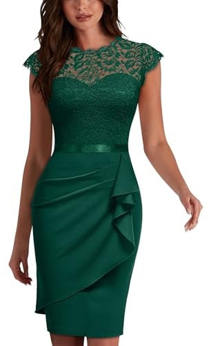MIUSOL Women's Vintage Lace Cap Sleeve Cocktail Party Formal Wedding Guest Work Bodycon Dress (X-Large, Dark Green)