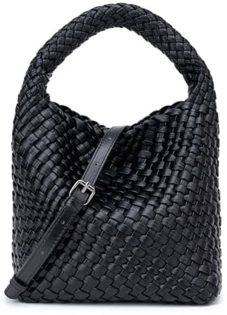 JRNDNIUO Gewebte Ledertaschen für Frauen, Knoted, Frauen, Handtasche, Designer-Schultertasche, Eimer, Geldbörse, handgefertigt, modische Tragetasche, Hobo-Tasche, klein, Blacka