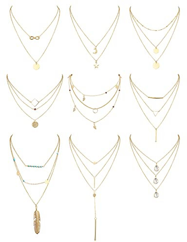 Kakonia 9 Pcs Layered Choker Necklaces Set for Women Multiple Multilayer Chain Y Necklaces Charm Tiered Long Choker Necklaces Adjustable Gold Tone