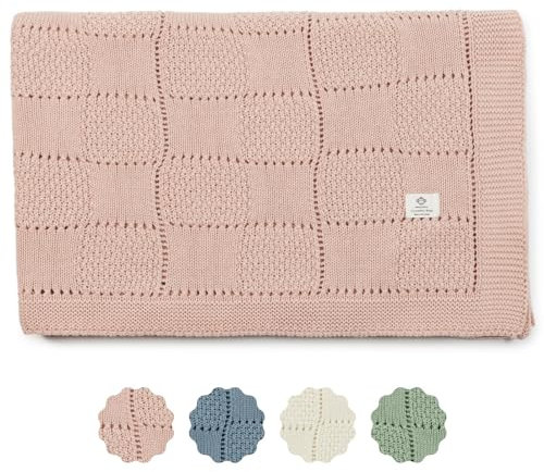 MICU MICU Copertina Neonato Cotone Lavorata a Maglia Traforato, Extra Delicato e Leggero, 80x100 cm, 100% Cotone Biologico Oeko-TEX®, Regali Nascita Bimba e Bimbo (Rosa)