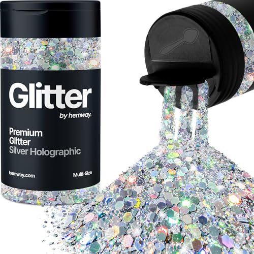 Hemway Premium Glitter Shaker - Silver Holographic | Multi Size Metallic Flake Sequins for Resin & Epoxy Crafts | Craft Supplies for Tumblers, Festival, Hair, Face, Body, Eye & Nail Art | 120 g