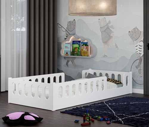 CADANI Monte Bodenbett 160x80 cm Weiß, Flexibler Rausfallschutz abnehmbar, Kinderbett Umbaubar, Montessori Design, 2 Eingänge, Holzbett mit Lattenrost