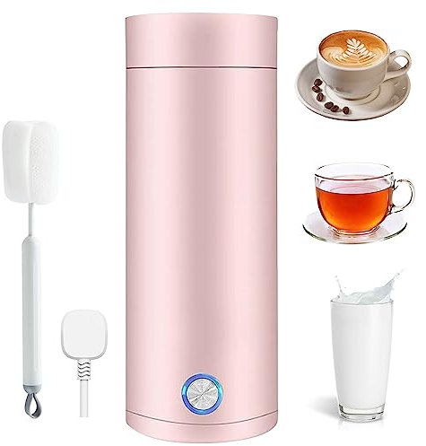 Bollitore Elettrico Portatile, 400 ml Piccola Teiera con Spazzola di Pulizia, Mini Thermos con Spegnimento Automatico, Bollitore da Viaggio per Caffè e Tè (Rosa)