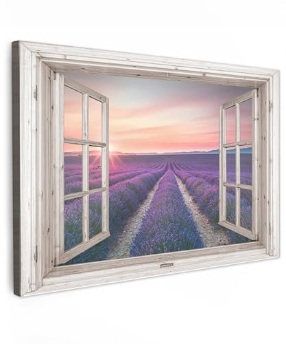 MuchoWow© Leinwand 60x40 cm Deko Schlafzimmer Aesthetic Leinwandbilder Wohnzimmer Gemälde Foto Geschenk Living Room Decoration Fensterblick - Lavendel - Holz - Sonnenuntergang - Lila