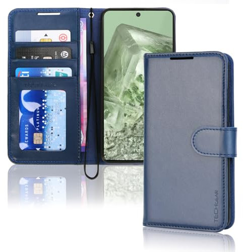 TECHGEAR Google Pixel 8 Etui Portefeuille en Cuir, Housse de Protection Flip avec Porte-Cartes Portefeuille, Support et Dragonne - Cuir PU Bleu avec Fermeture Magnétique Conçu pour Google Pixel 8