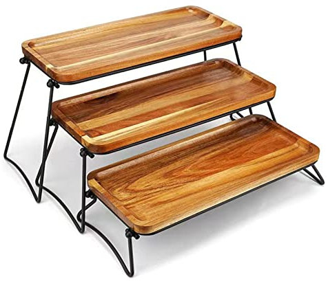 3 Tier Serving Tray, Collapsible Wooden Dessert Table Display Set Rustic Wood Dinner Serving Platter Tray for Fruit Dessert Presentation Party Display Set(Brown)