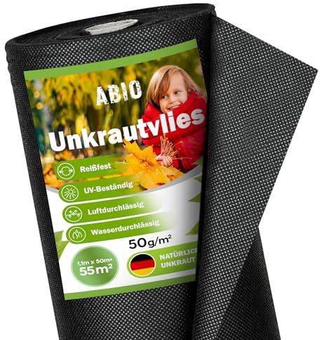 Unkrautvlies Gartenvlies Unkrautfolie Wurzelsperre Unkrautflies für Garten Wasserdurchlässig Bodengewebe Hochbeet Einfahrt Pflanzfolie (Schwarz 50 g/m2, 55m² (1,1m x 50m))