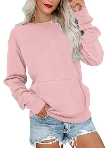 WNEEDU Sweatshirt Damen Rundhalsausschnitt Langarmshirts Herbstoutfits Lässig Bluse Damen mit Känguru Tasche Rosa XL