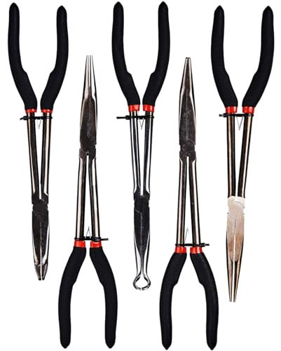 5 Pcs 11 Inch Long Reach Nose Plier Set Extra Large Heavy Duty Mechanic Garage Workshop Vehicle Repair Electrician Round Straight Bent 90 Degree DIY Assorted Hand Tools UK Free P&P
