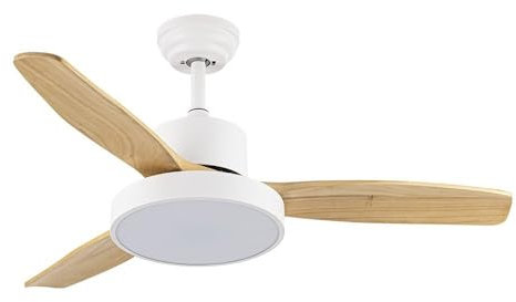 Abrila - Ventilador DC KAVALA | Color Blanco con tres Aspas Reversibles en Color Haya | 3 Temperaturas de Luz | con Temporizador y Mando a Distancia Incluido | Estilo Vintage