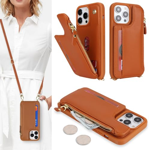 SailorTech Handyhülle für iPhone 15 Pro Max Etui mit Kartenfach, iPhone 15 Pro Max Hülle mit Verstellbarer Halskette, iPhone 15 Pro Max Handytasche mit Reißverschluss Geldbörse - Braun