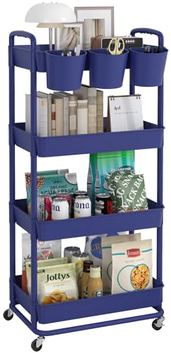 JIUYOTREE 4-Tier Plastic Rolling Storage Cart Utility Cart with Extra Hanging Cups Handles Lockable Wheels for Living Room Bathroom Kitchen Office Blue