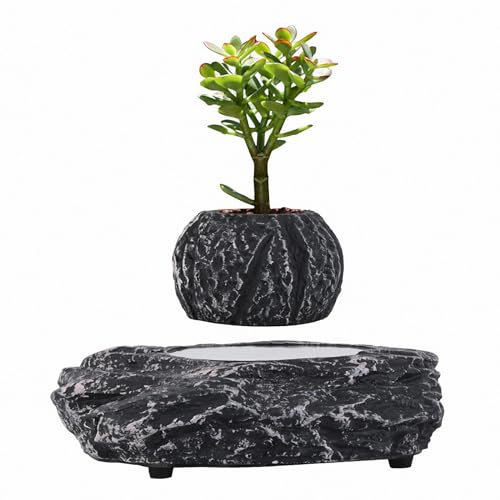 MAOTN Plante en Pot Imitation Pierre à lévitation magnétique de Nordique, décoration Ornement de Pot de Fleur Rotatif Flottant à 360°, Micro Plante Suspendue et porteuse de 200g,Black,Size