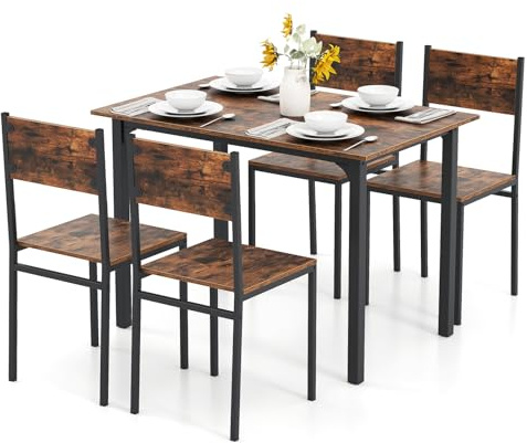 GiantexUK 5 PCS Dining Room Set, Metal Frame Dining Table and Chairs Set with Backrest & Anti-Slip Foot Pads, Industrial Breakfast Furniture Set for Kitchen Living Room Bistro (Rustic Brown+Black)