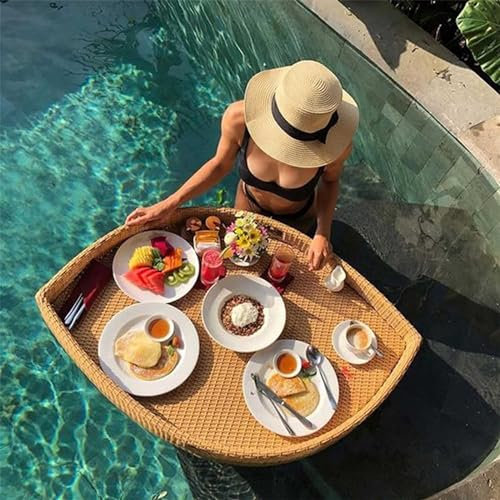 JIANGSS Schwimmbecken, Pool-Serviertabletts, kreatives schwimmendes Tablett, schwimmendes Frühstückstablett aus Rattan, Schwimmbadtisch, Pool-Tabletts,Leaf-Beige