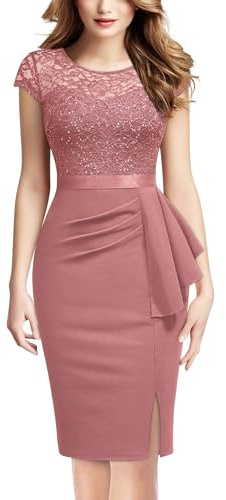 MIUSOL Women's Vintage Floral Lace Sequin Scoop Neck Ruffle Trim Cap Sleeves Cocktail Party Formal Bodycon Dress (Small, Dark Pink)